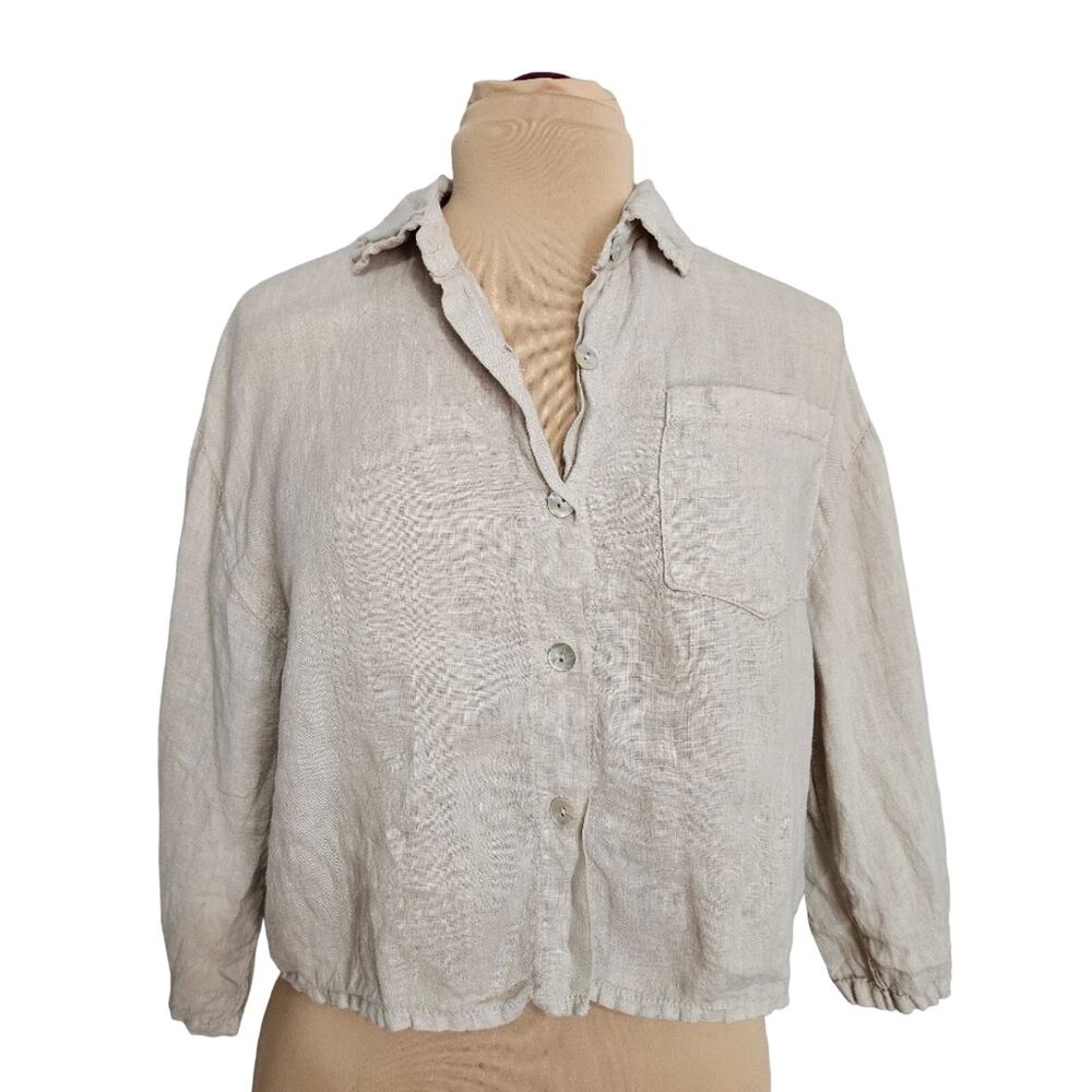 Modamalfi Top 100% Linen‎ Made in Italy Natural Cropped Art 3521 Medium Womens